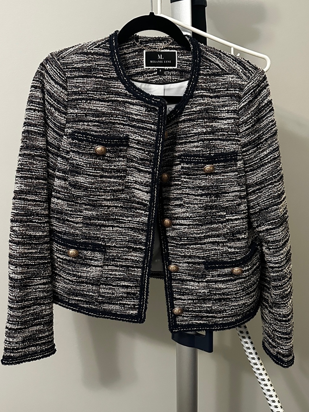 Melanie Lyne Navy and White Tweed Button Jacket
